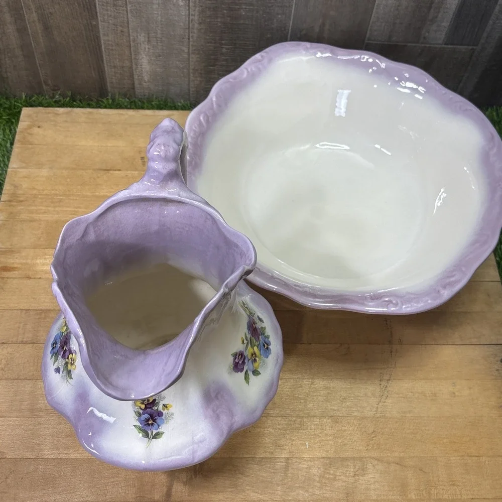 Vintage Antique Style Wash Basin Pitcher Set Lavender Floral Ewer Vanity Bowl